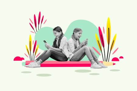Two funny little girls sitting big painted pencil browsing smartphone watch humor video charring school friends conceptual collageの写真素材