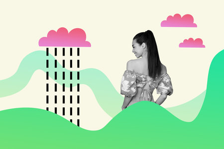 Nice painting portrait collage weather forecast concept young girl tv program host journalist predict rainy cloudy dayの写真素材