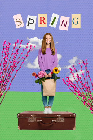 Creative 3d magazine collage image of smiling cute little child having fresh spring flowers shopping isolated painting backgroundの写真素材
