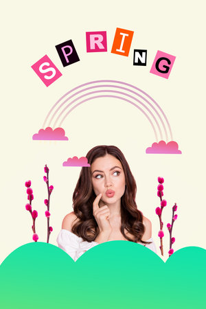 Photo collage young girl wonder admire nature awake cherry sakura tree blooming thrive pink stems rainbow cloud backgroundの写真素材