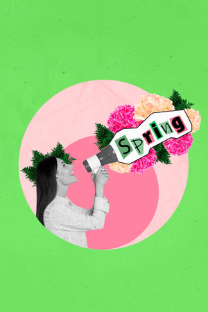 Vertical profile artwork photo collage of excited girl shouting big spring letters word through toa pink green floral compositionの写真素材