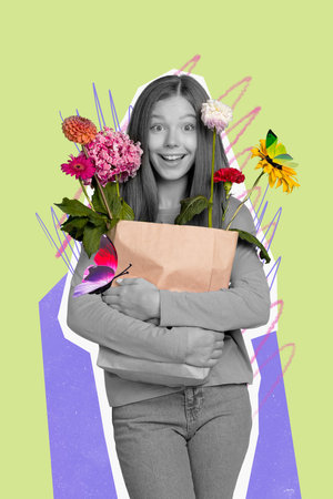 Vertical creative photo collage of teenager school girl hold flower composition in ecologic paper bag package green colors backgroundの写真素材