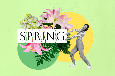 Vertical photo collage of girl have fun hold push big spring word laughing rejoicing standing pink green colors floral compositionの写真素材