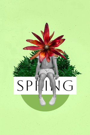 Collage artwork graphics picture of funny funky guy exotic flower instead of head isolated painting backgroundの写真素材