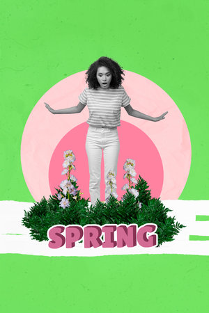 Vertical photo collage of excited girl have fun look down precipice abyss big spring letters word stand pink green floral compositionの写真素材