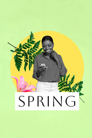 3d retro abstract creative artwork template collage of thoughtful lady ordering online new spring outfit isolated painting backgroundの写真素材