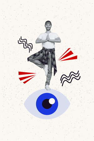 Collage absurd photo poster image of handsome man enjoy relax time meditating stand big eye isolated on painted backgroundの写真素材