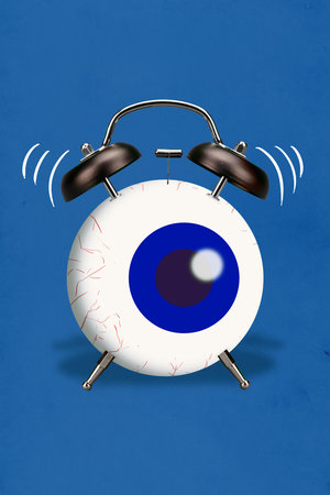 Vertical image picture photo collage poster banner of human eye instead clock isolated on painted blue backgroundの写真素材
