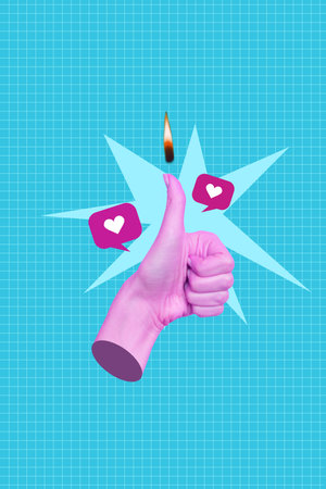 Collage 3d pinup pop retro sketch image of arm showing thumb up burning finger isolated painting...