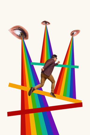 Creative retro 3d magazine collage image of eyes spreading colorful lasers lighting way isolated painting backgroundの写真素材