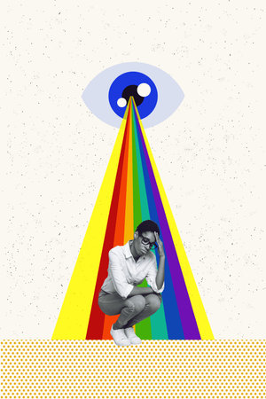 Artwork magazine collage picture of eye spreading colorful laser upset lady guy isolated drawing backgroundの写真素材