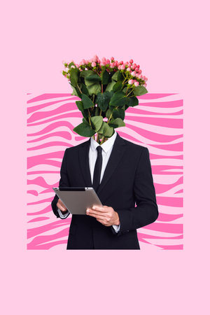 Vertical collage picture of elegant man black suit use tablet flowers bouquet instead head isolated on drawing backgroundの写真素材