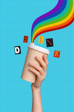 Vertical collage picture of arm hold coffee drink cup rainbow color aroma isolated on checkered blue backgroundの写真素材