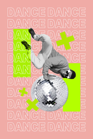 Creative retro 3d magazine collage image of happy smiling guy dancing having fun isolated painting backgroundの写真素材