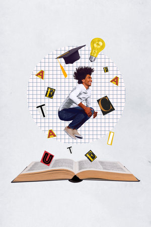 Collage 3d pinup pop retro sketch image of funny funky guy celebrating finishing education isolated painting backgroundの写真素材