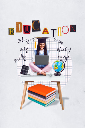 Creative abstract template graphics collage image of smiling lady solving algebra examples isolated drawing backgroundの写真素材