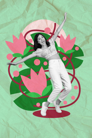 Vertical collage picture of carefree overjoyed black white effect mini girl dancing have good mood painted flowers backgroundの写真素材
