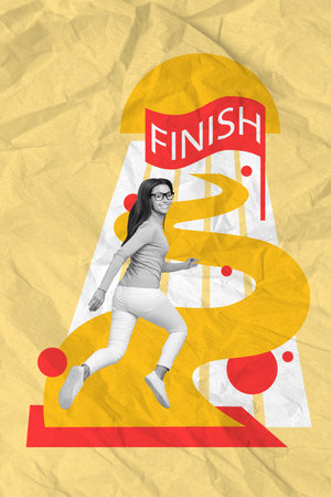 Vertical collage portrait of positive black white colors girl running rush finish flag path isolated on painted beige backgroundの写真素材