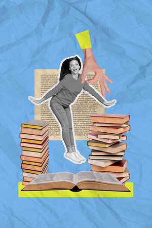 Creative template graphics collage of human hand put get from open published book funny lady fiction characterの写真素材