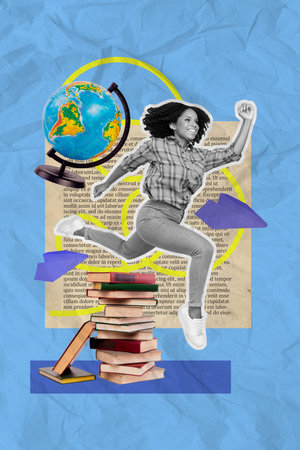 Drawing magazine template collage of active lady runner learner hurry educational sale discount textbook globeの写真素材