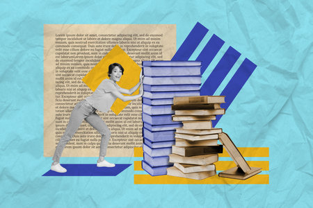 Creative collage picture of cheerful mini black white gamma girl push big pile stack book isolated on drawing blue backgroundの写真素材
