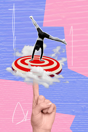 Photo collage artwork minimal picture of sportive lady walking arms achieving aim isolated drawing backgroundの写真素材