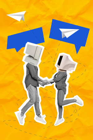3d retro creative artwork template collage of funny couple old screens instead heads holding hands isolated painting backgroundの写真素材