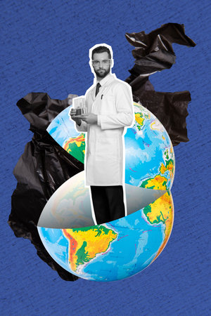 Collage artwork graphics picture of confident guy creating planet saving medicine isolated painting backgroundの写真素材