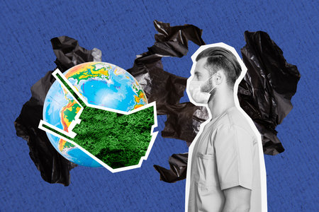Collage 3d pinup pop retro sketch image of guy planet wear protective masks isolated painting...