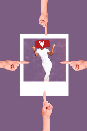 Artwork image template collage of many followers pointing hand bloggers popular post approve like heart reactionの写真素材