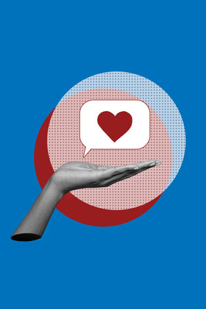 Creative picture artwork collage of blogger influencer arm demonstrate heart love like notification...
