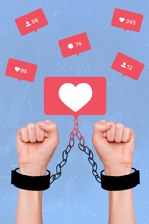 Creative magazine trendy collage of human social network obsession concept hand locked in metallic chained to like buttonの写真素材