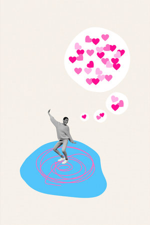 Creative 3d photo artwork graphics collage painting of carefree funky lady guy dancing having fun thinking love isolated drawing backgroundの写真素材