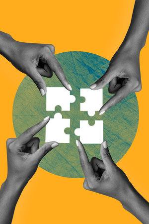 Image artwork creative business collage of four different people coworkers have aim achieve solving work task connect all puzzleの写真素材