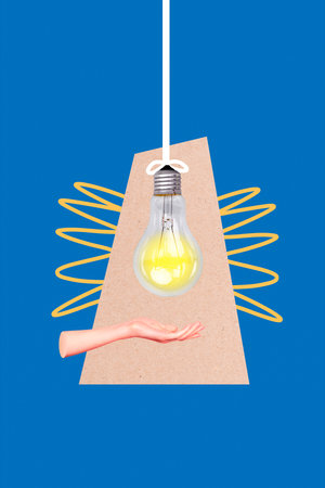 Photo collage artwork minimal picture of arm holding hanging lamp bulb isolated drawing backgroundの写真素材