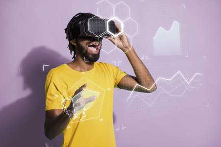 Creative collage photo of young man funny interactive user wearable vr headset build charts graphics...