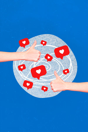 Exclusive magazine picture sketch collage image of arms showing thumbs up getting positive feedback isolated painting backgroundの写真素材