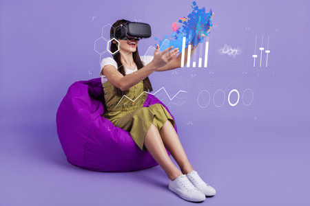 Photo collage of young woman sit bean bag coworking zone wear headset vr tool research optimization...