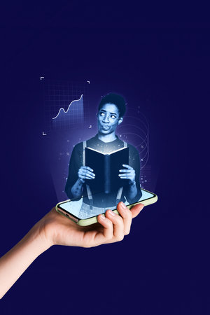 Virtual trend 3d poster collage of female male student with textbook reading in cell gadget internet online library conceptの写真素材