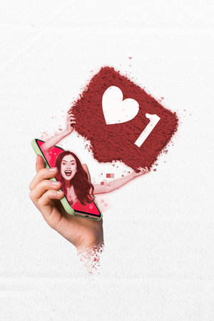 Creative picture template collage of artificial intelligence tech young lady from gadget touchscreen social media messageの写真素材