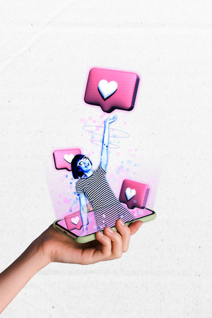 Creative trend 32d graphics collage of young cool lady blogger showing social network notification...