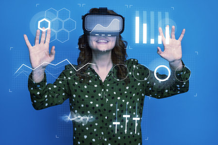 Trend creative digital collage template of lady worker touch virtual screen high tech development on...