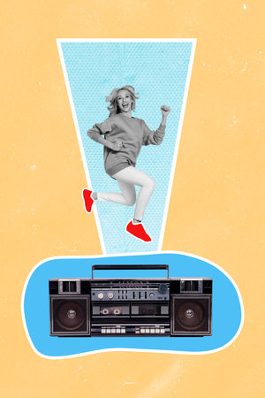 Vertical photo collage artwork of funny funky positive crazy girl running flying over vintage music player isolated pastel backgroundの写真素材