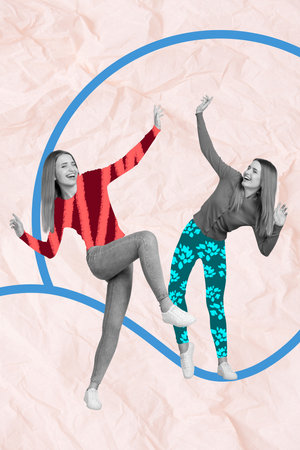 Creative image artwork collage of two same people sisters enjoy celebration dance floor dynamic youngster nightlifeの写真素材