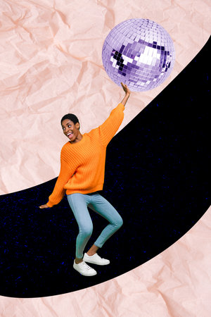 Collage photo of youngster careless girl dancing have fun night club have fun listen music discoball freedom performance isolated on drawn backgroundの写真素材