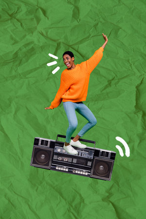 Collage artwork graphics picture of smiling cool lady guy dancing listening boom box isolated painting backgroundの写真素材