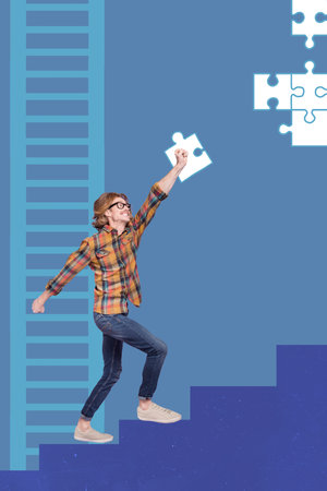 Creative artwork picture collage of young business people solving work tasks complete missing jiigsaw parts development conceptの写真素材