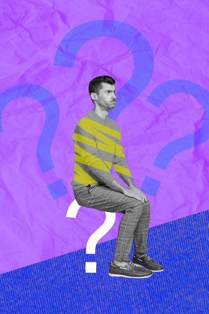 Conceptual photo artwork template collage of young student funny man confused doubts dont know how solve his problems isolated on pink backgroundの写真素材