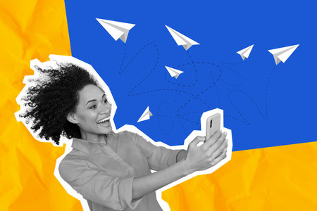 Exclusive magazine sketch collage image of excited lady sending    sms isolated painting background