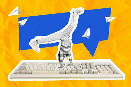 Photo collage artwork minimal picture of carefree funny small lady walking arms keyboard isolated drawing backgroundの写真素材